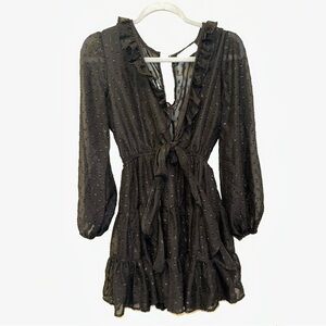 Mod On Trend Small Black Long Sleeve Sheer Tiered Ruffles Dots Mini Goth Dress